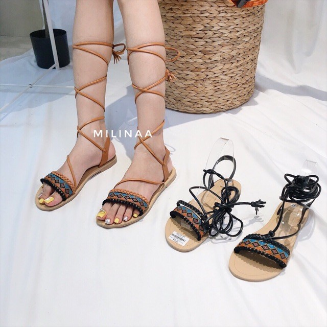 Giày sandal thổ cẩm cột dây quai thắt bím phong cách vintage hình thật