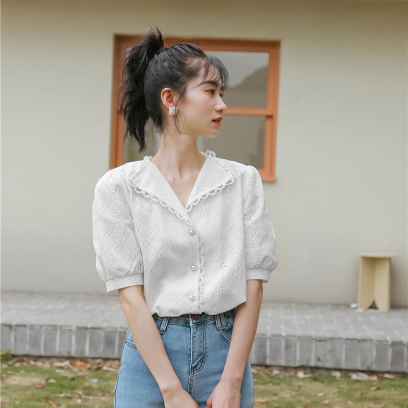 Áo sơ mi IELGY cổ chữ v tay ngắn phong cách Pháp cổ điển dành cho nữ