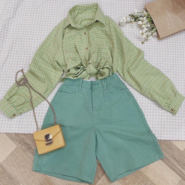 Quần short ngố lửng kaki màu pastel lưng cao ống rộng form ulzzang kèm ảnh thật