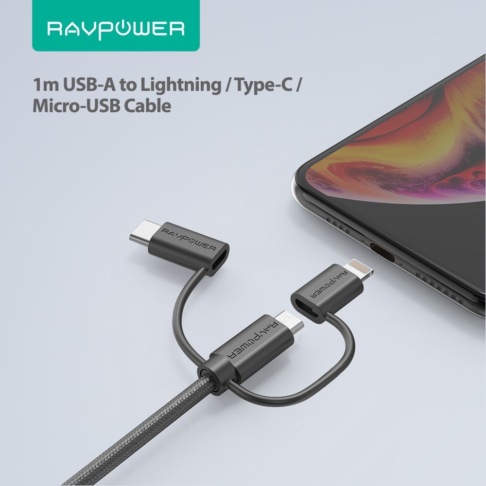 Cáp đa năng 3 Trong 1 (USB-A ra Lightning/Type C/Micro USB) RAVPower RP-CB021 chuẩn MFi dài 0.9m