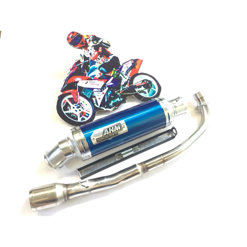 Bộ pô AHM xanh FULL CỔ INOX THẲNG WAVE, SI, CUP, DREAM, EXCITER, WINER, SONIC, RAIDER FI, SATRIA, GSX