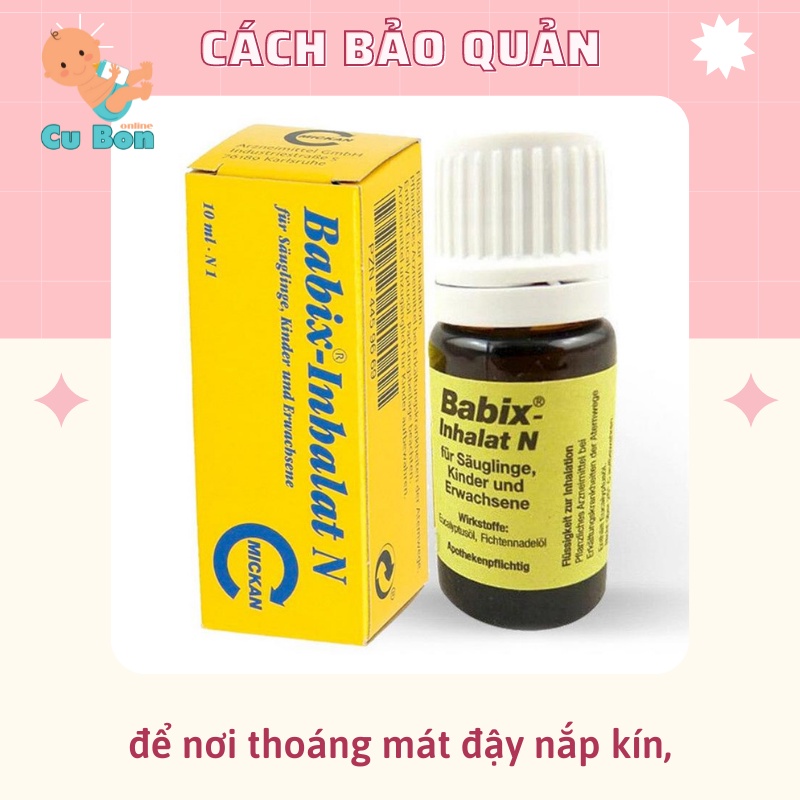 Tinh dầu chống cảm ho cảm cúm mũi họng Babix - inhalat N 10ml, Đức cho bé từ 4 tuần tuổi nhỏ giọt lên áo hoặc yếm cho bé