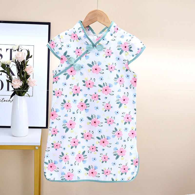 Đầm sườn xám in hoa phong cách Trung Hoa thời trang mùa hè 2021 cho bé gái