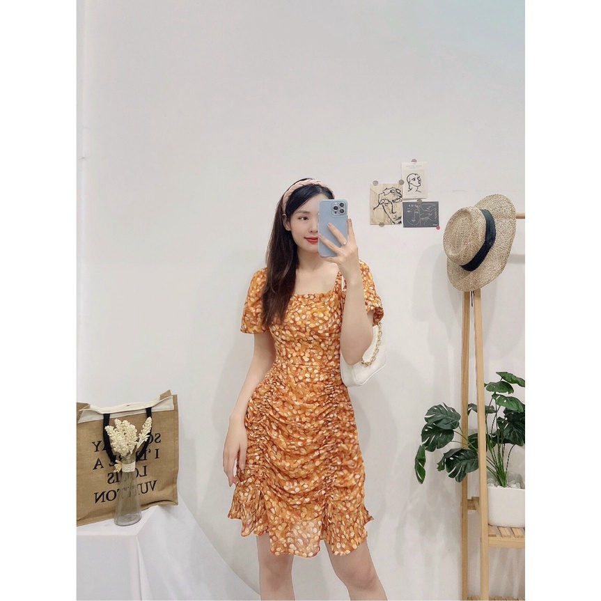 Đầm hoa nhí body đuôi cá, Váy hoa nhí công sở Cao Cấp nhún eo nữ tính quyến rũ, mặc đi chơi đi tiệc - MiNhi