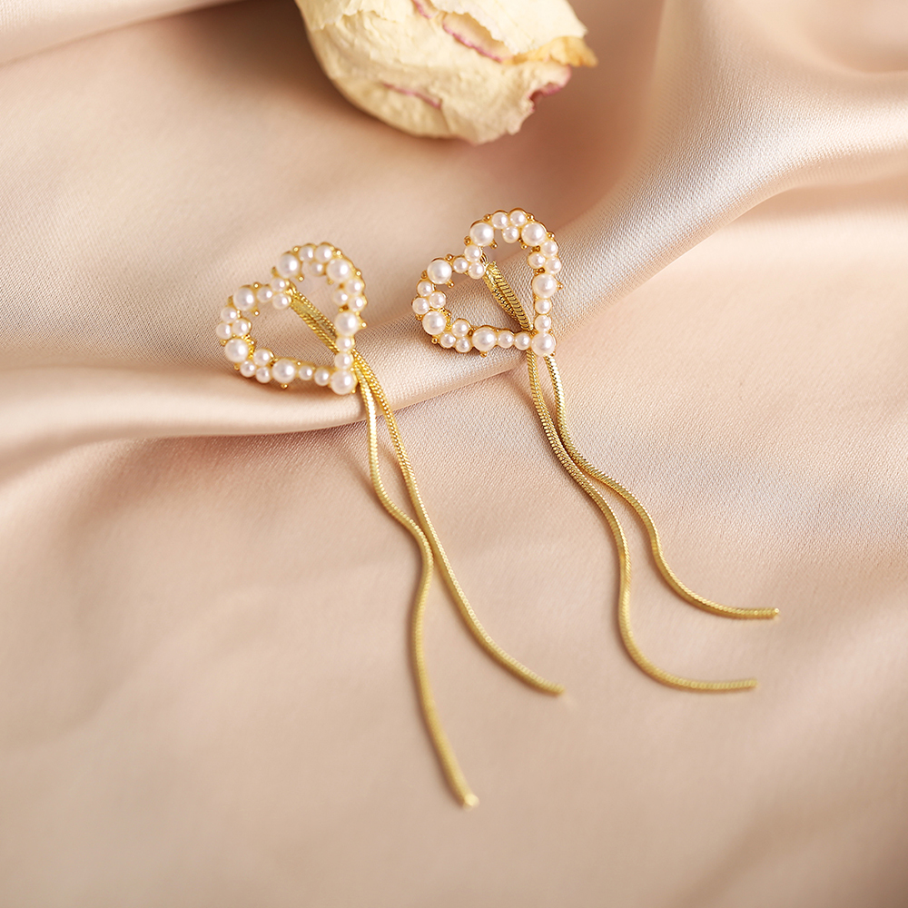 Bông tai vàng đính ngọc trai hình bướm phối dây tua thời trang thanh lịch cho nữ