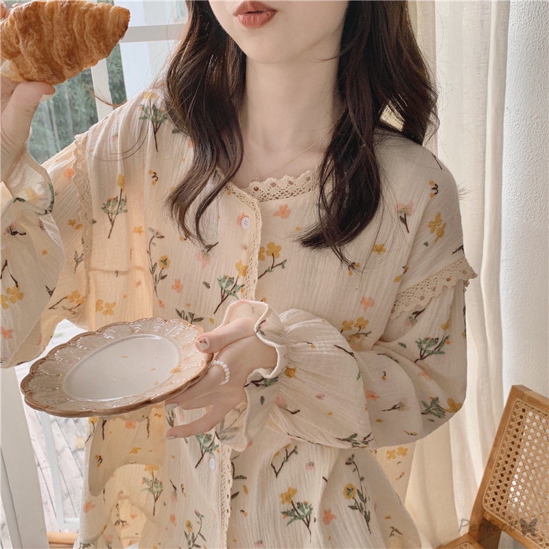 Bộ Đồ Ngủ Pijama Dài Tay Cổ Tròn In Họa Tiết Hoa Kiểu Nhật Bản Thời Trang Xuân Thu Cho Nữ