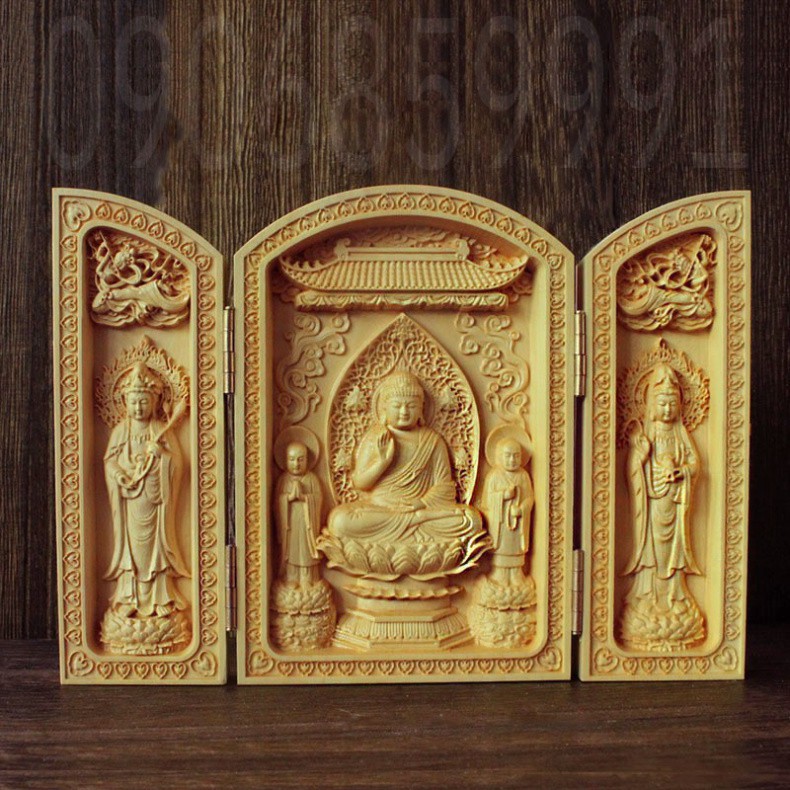 Hộp tượng gỗ Tây Phương Tam Thánh làm bằng gỗ hoàng dương cao cấp - CHẤT LƯỢNG TUYỆT ĐỐI