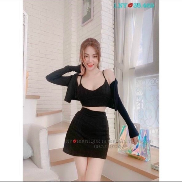 set bộ gân gồm 3 món gồm áo 2 dây cổ v, áo khoác, chân váy ngắn
