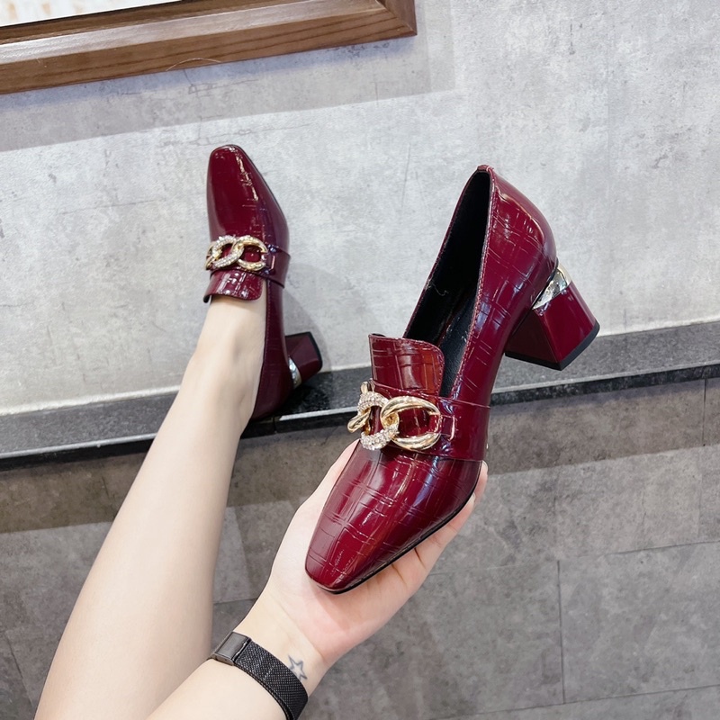 Giày Loafer da cá sấu xích đá cao cấp gót bọc kim loại