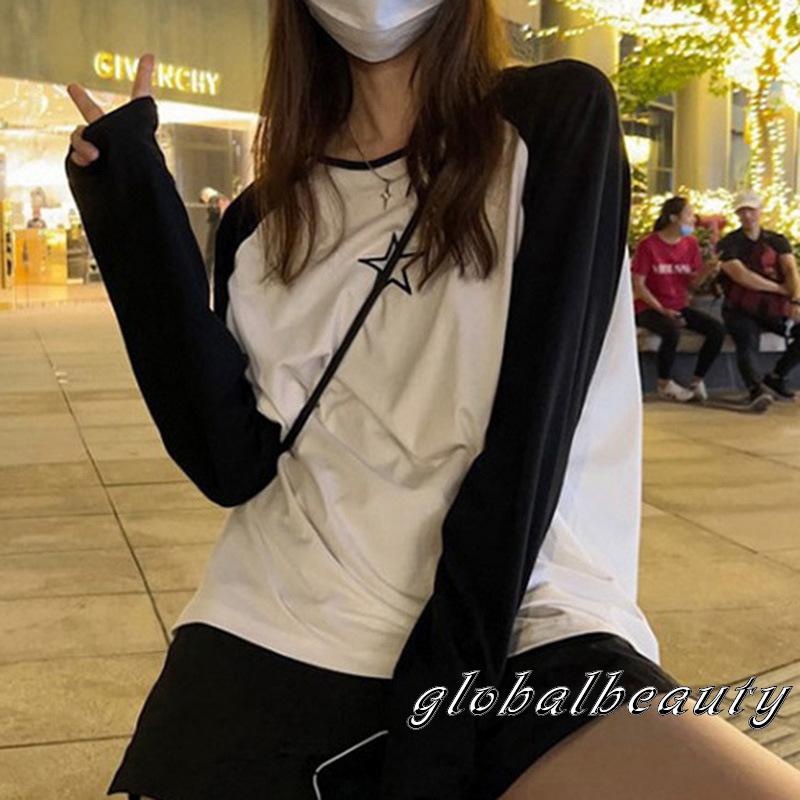 Áo Thun Tay Dài Cổ Tròn In Hình Ngôi Sao Màu Sắc Tương Phản Thời Trang Cho Nữ Size S / M / L