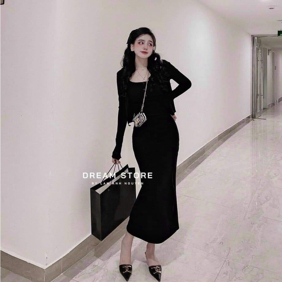 [Sale sốc 50%] Set 2 món đầm suông dáng dài siêu xinh, tôn dáng đẹp, phối kèm khoác ngoài dài tay ngắn tà