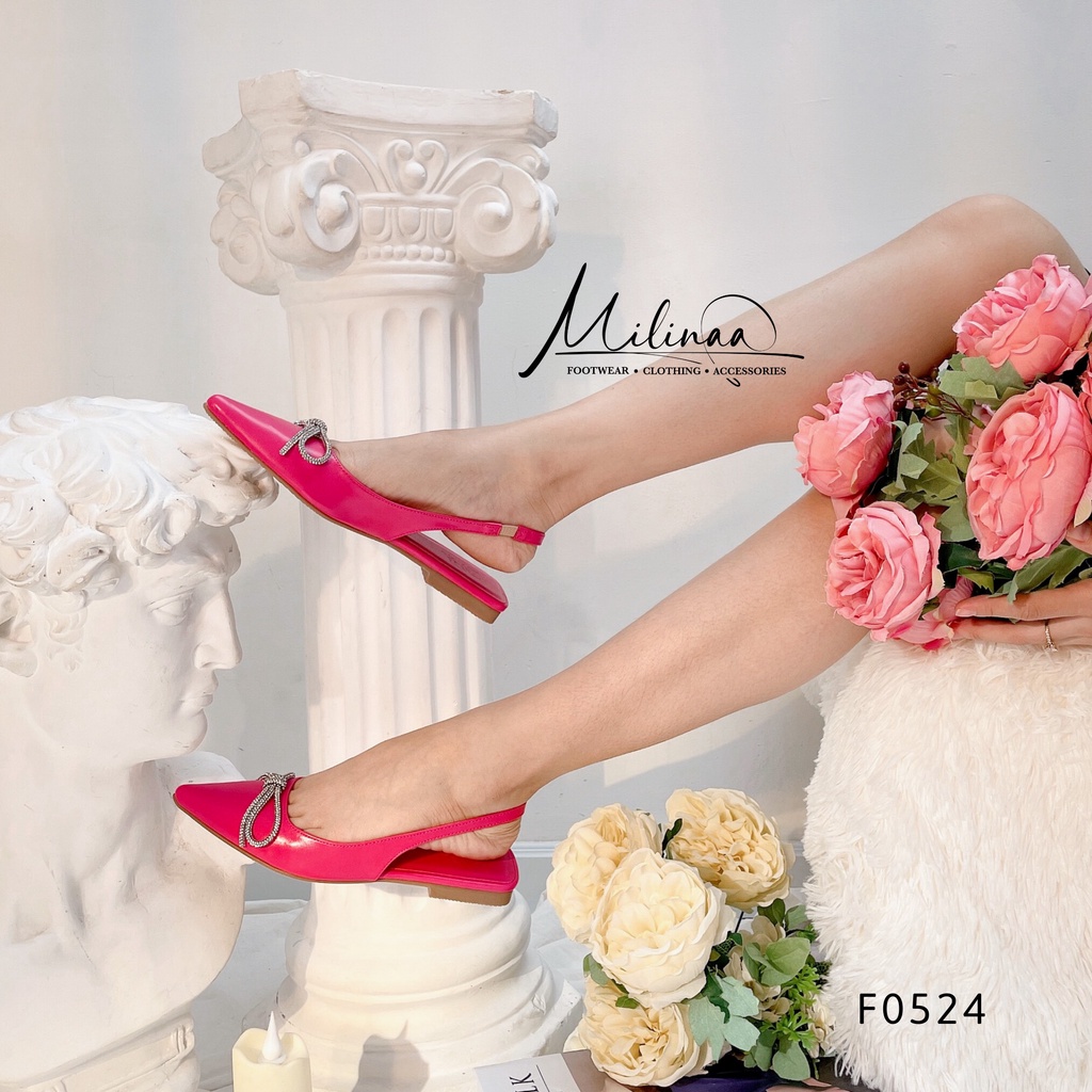 GIÀY SANDAL NỮ SLINGBACK ĐẾ BỆT BÍT MŨI NHỌN TRƠN PHỐI NƠ XOÀN ĐÁ HẬU THUN F0524