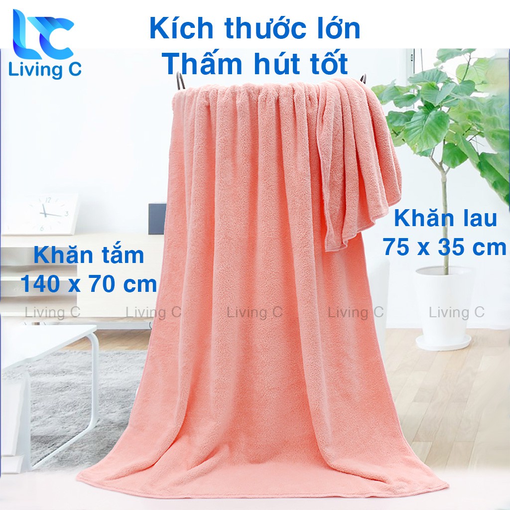 Bộ 2 khăn tắm lớn cao cấp Living C, khăn tắm lông cừu 70x140 và 35x75 lông mềm thấm hút tốt không rụng lông _CKT