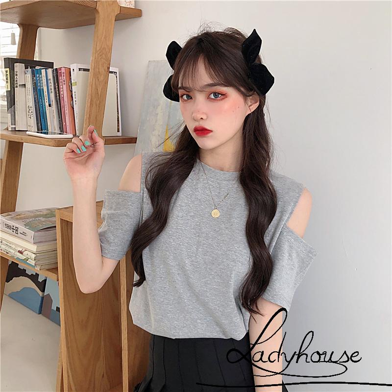 Áo Thun Tay Ngắn Cổ Tròn Hở Vai Màu Trơn Thời Trang Mùa Hè Dành Cho Nữ