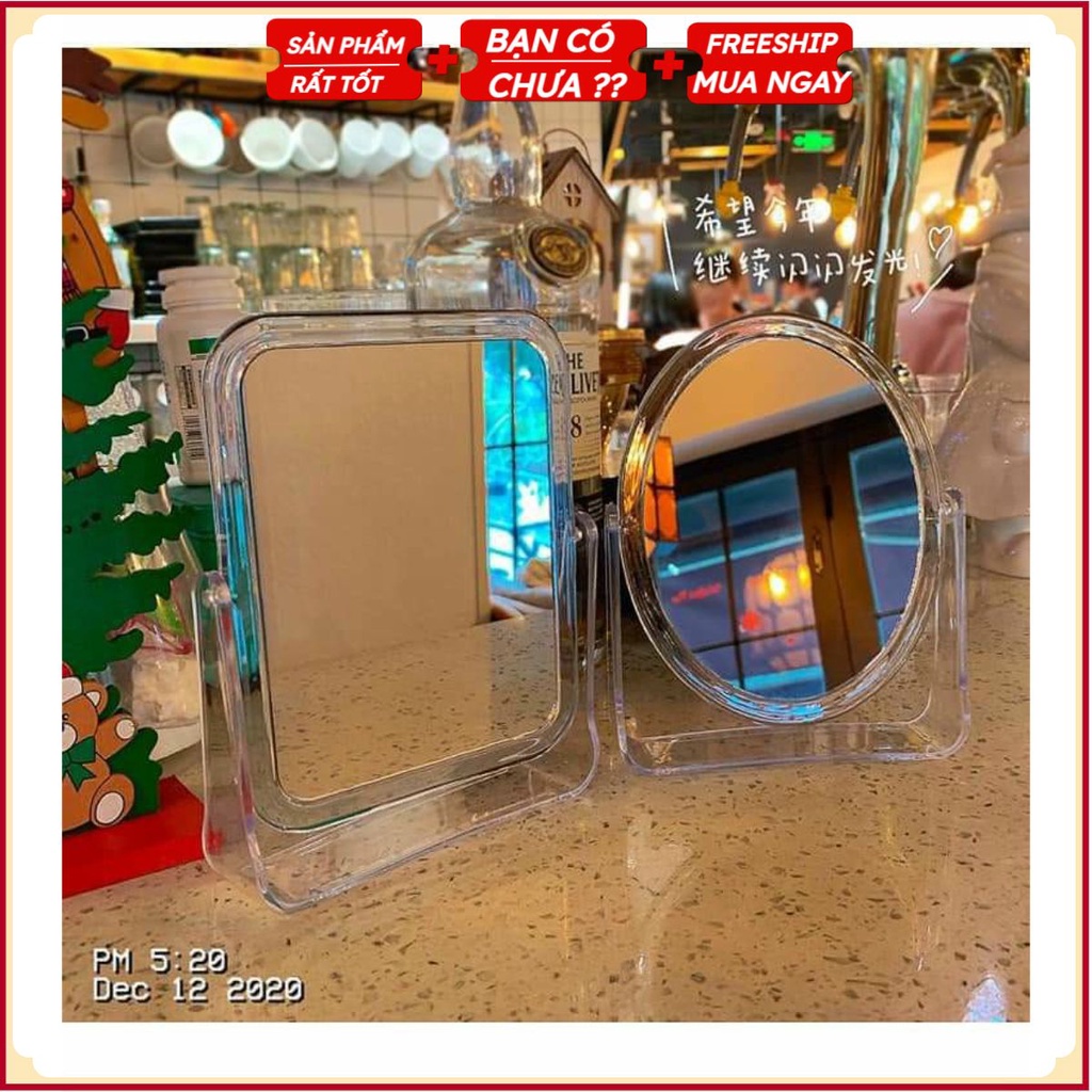 PVN25410 Gương để bàn trang điểm trong suốt 2 mặt gương xoay 360 độ thiết kế sang chảnh phong cách Hàn Quốc dễ thương T2