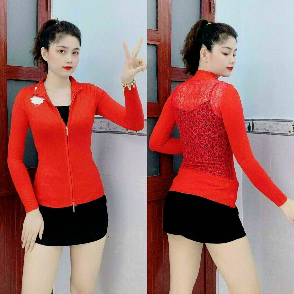 Áo khoác len nữ dây kéo 2 đầu cổ cao phối ren lưng