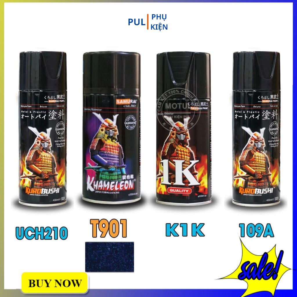 Bộ 4 chai sơn samurai màu 3d titan xanh ánh tím gồm K6/T901 - UCH210 - 29/109A - K1K - giấy nhám P800
