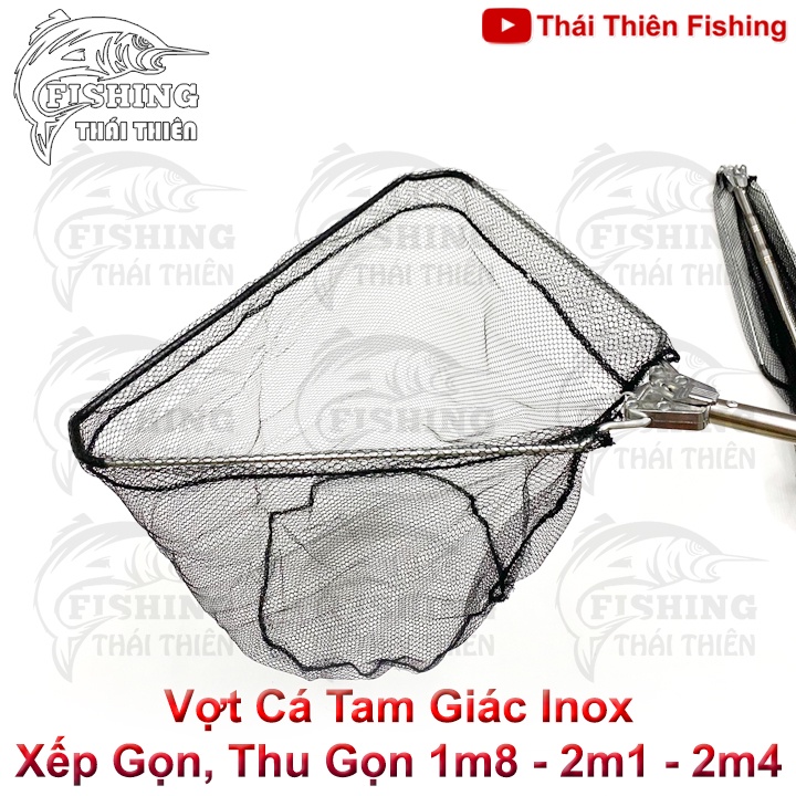 Vợt Vớt Cá Tam Giác Inox Rút, Gấp Gọn Lưới Mùng Lỗ 5mm Dài 1m8, 2m1