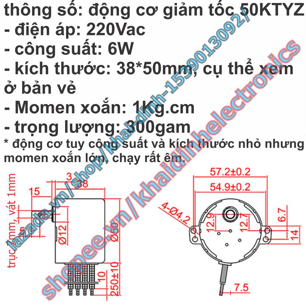 ĐỘNG CƠ GIẢM TỐC 220VAC 50KTYZ TRỤC 7MM 6W đủ tốc độ từ 10-110V/P kde5242