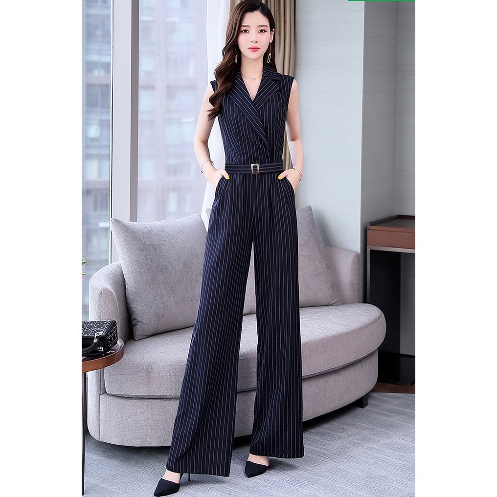 Jumpsuit 🎁FREESHIP🎁 Jum dài kẽ sọc cổ vest thắt lưng kèm belt như hình TJ1070