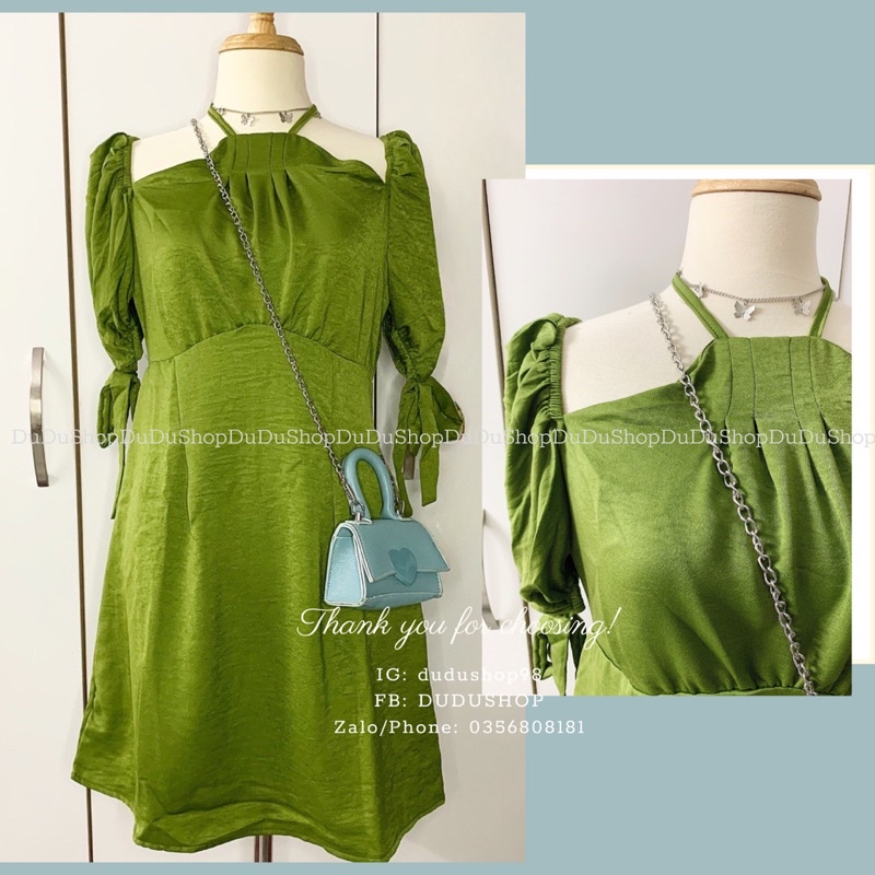 Xả - Váy tiểu thư cổ yếm hai màu trắng và xanh bơ