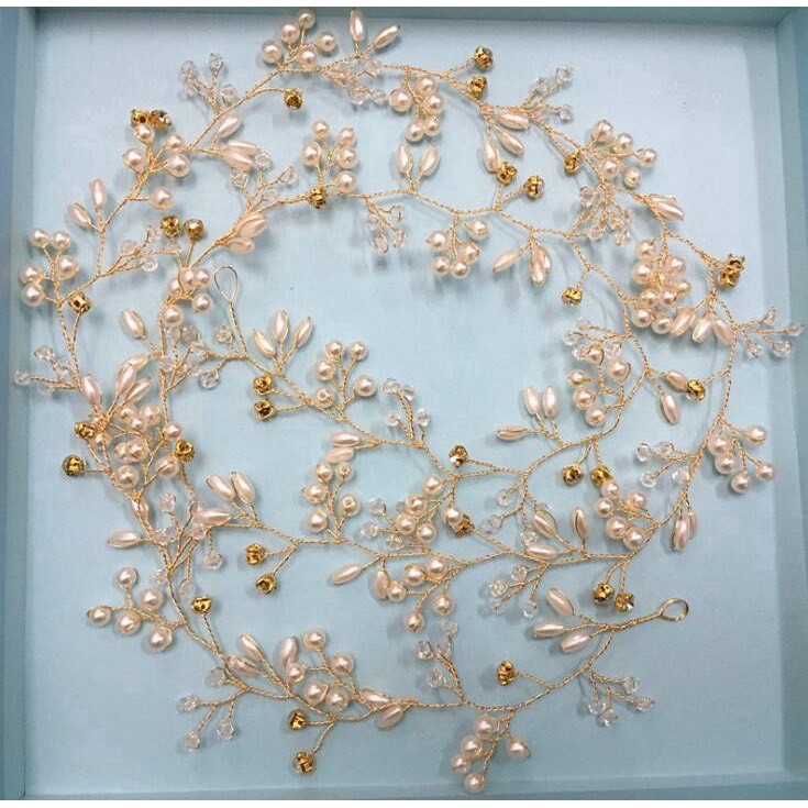 PHỤ KIỆN TÓC CÔ DÂU ĐÍNH NGỌC TRAI GIẢ, TẠO HÌNH HOA THỦ CÔNG, DÂY DÀI 35CM, HÀNG ĐẸP