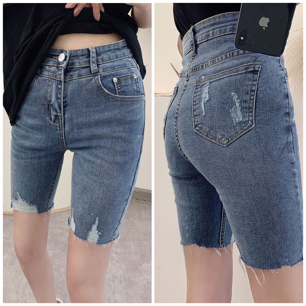 Quần bò ngố / lửng 5 tấc BIGSIZE lưng siêu cao, co dãn mạnh rách xước kiểu đẹp hot trend 3851