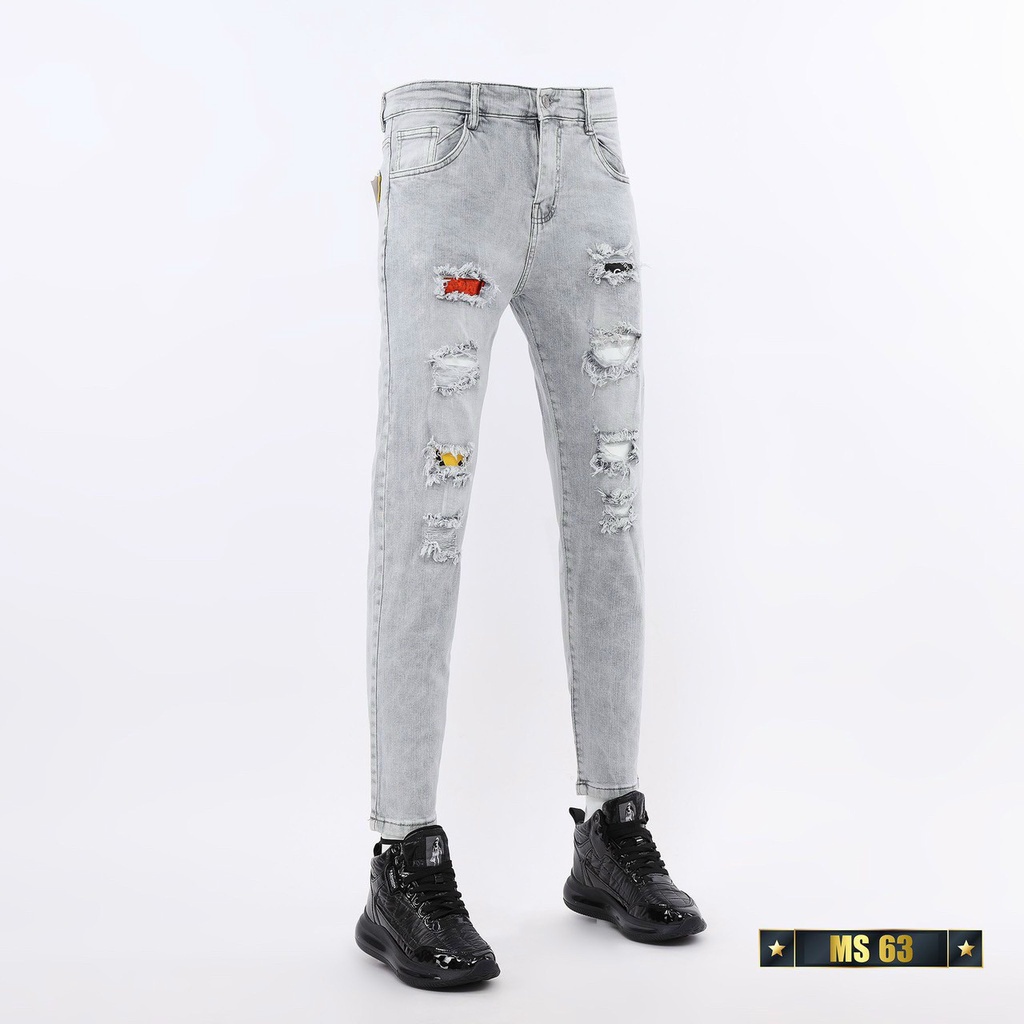 ✿◙Quần jean nam màu xám nhạt rách gối chất bò cao cấp co dãn 4 chiều cực đẹp, rin QDJ063 Nhiều mẫu mới hàn quốc