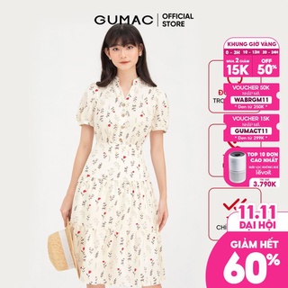 Đầm hoa nhí nữ phối nút nhún eo GUMAC vintage nhẹ nhàng DB832