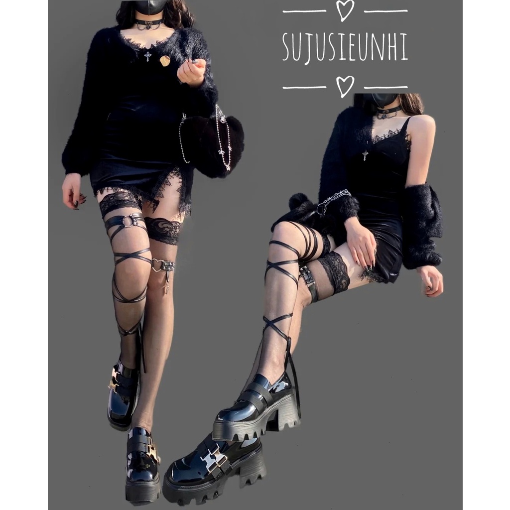 Vòng choker da quấn đùi/ Dây buộc chân có vòng tròn loại dài cá tính