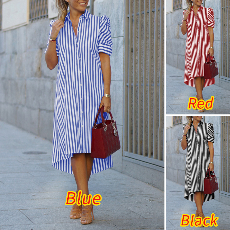 Đầm ZANZEA dáng rộng cho nữ tay phồng cổ bẻ kẻ sọc có nút cài