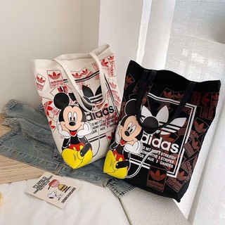 Túi đeo vai bằng vải canvas in logo Adidas và họa tiết hoạt hình Mickey dễ thương cho nữ