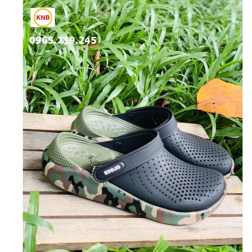 Dép Crocs Camo Đen đế vẩy sơn rêu, Sục Nam Nữ Literide Clog Camo Đi Mưa Cao Cấp - KNB hottrend