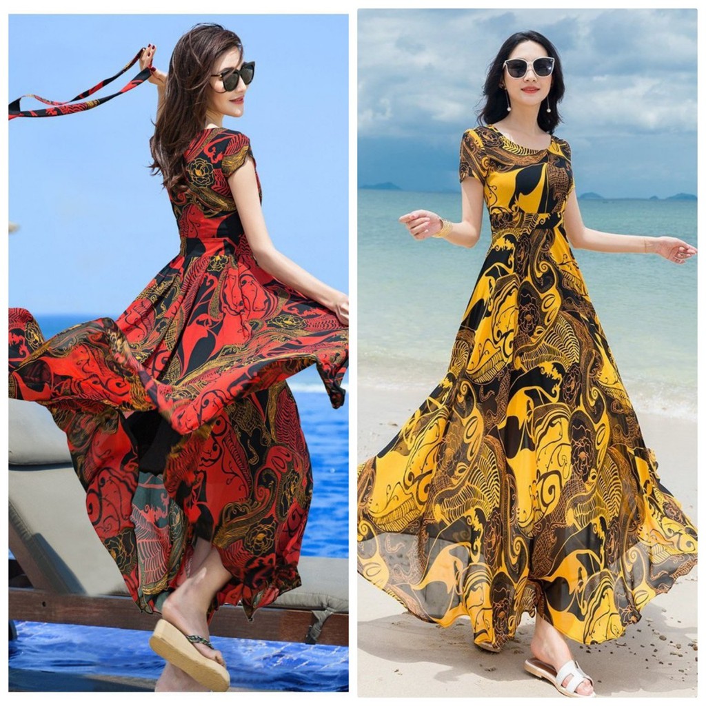 Đầm Maxi Voan Lụa Họa Tiết Sang Chảnh Dạo Phố Biển BY4517