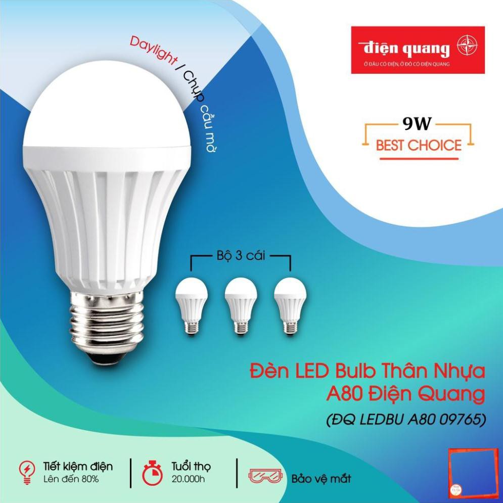 Bộ 03 đèn led bulb thân nhựa Điện Quang ĐQ LEDBUA80 09765 (9W Daylight chụp cầu mờ)