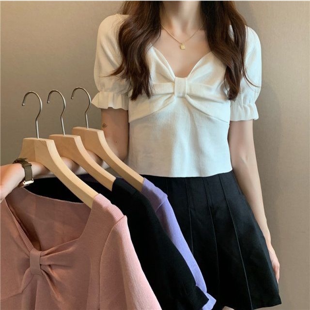 Áo Thun Tay Ngắn Cổ Chữ V Thắt Nơ