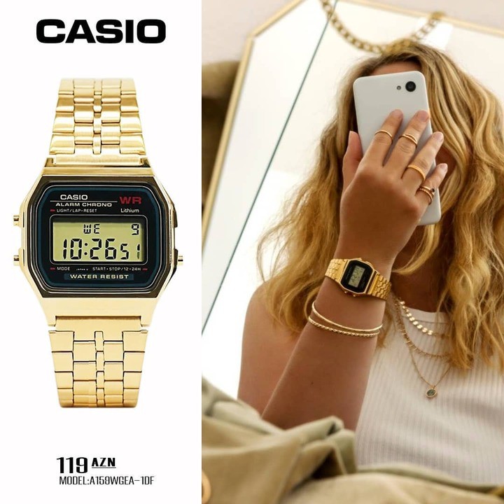 Đồng hồ Nữ Casio A159WGEA-1DF 🔥 𝓢𝓲ê𝓾 𝓗𝓸𝓽 🔥 Cam Kết Hàng Chính Hãng -  Mặt viền đen xanh - Dây kim loại mạ vàng