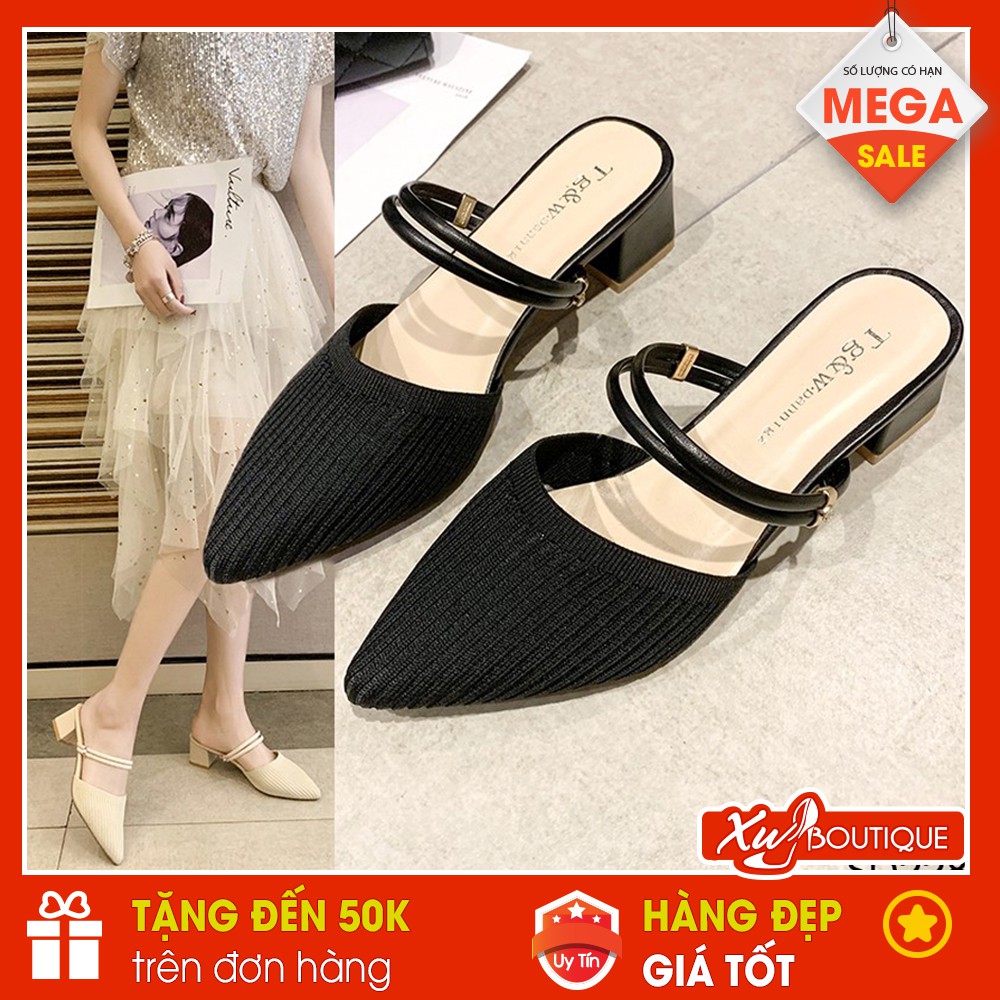 Giày Sandal Nữ Tg&amp;W Mũi Nhọn Đi Được 2 Kiểu Gót Vuông Cao 5P - Chất Da Mờ Phối Vải Sợi SD228/29