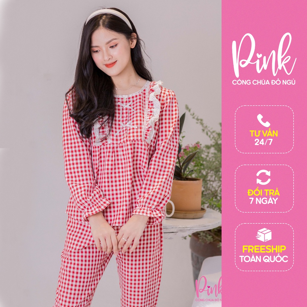 Bộ Đồ Pijama Nữ Màu Hồng Caro Tay Dài Quần Dài Mùa Đông Vải Kate Ấm Đồ Ngủ Chất Lượng Phong Cách Trẻ Trung Hàn Quốc