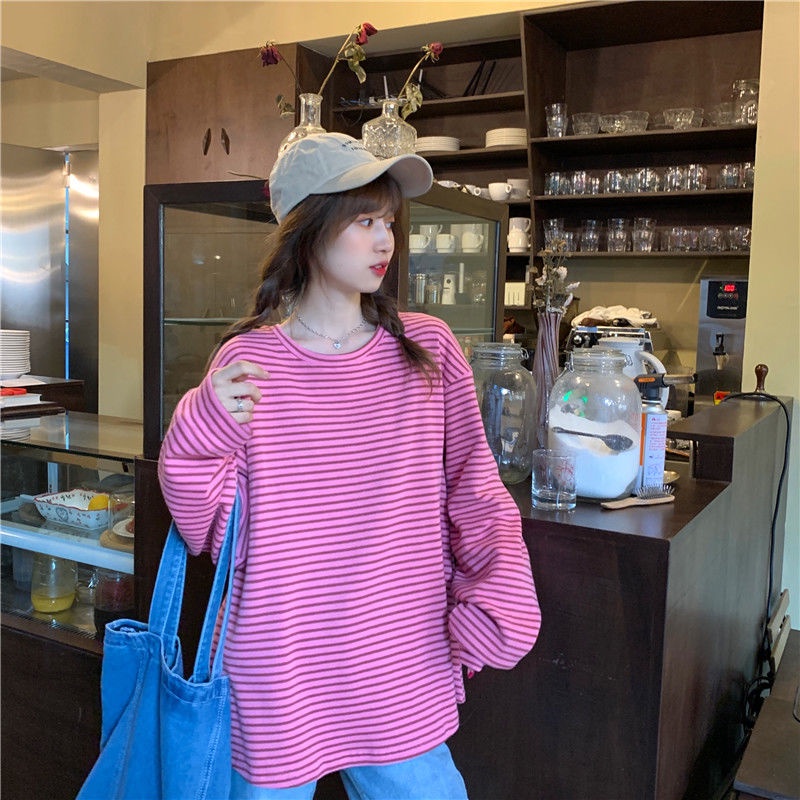 Jiashucheng Áo Thun Nữ Dài Tay Cổ Tròn Sọc Ngang Thời Trang Hàn Mới