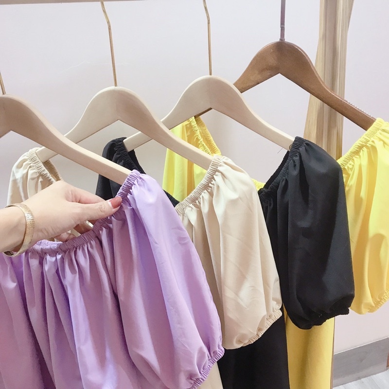 Áo trễ vai cổ vuông chun dáng xoè Áo bệt vai chất thô lụa mặc 2 kiểu