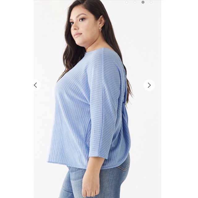 (BIGSIZE) Áo Thun Len Kiểu Nữ F21 Plus Size Xanh Dương Thắt Chéo Lưng Tay Dài