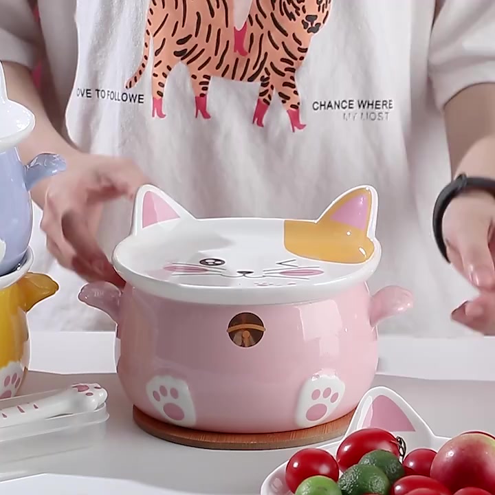 Tô Ăn Mỳ Bằng Sứ Dễ Thương Dung Tích Lớn Có Nắp Đậy Hình Tai Mèo Anime