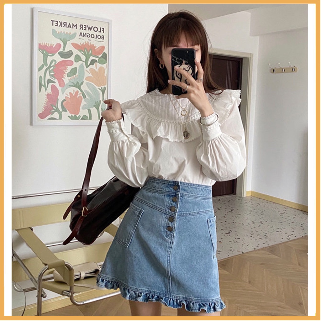 Áo sơ mi nữ dài tay form rộng CKA883, kiểu áo nữ cổ tròn ngực viền ren dáng babydoll trắng tiểu thư mặc đi làm đi học
