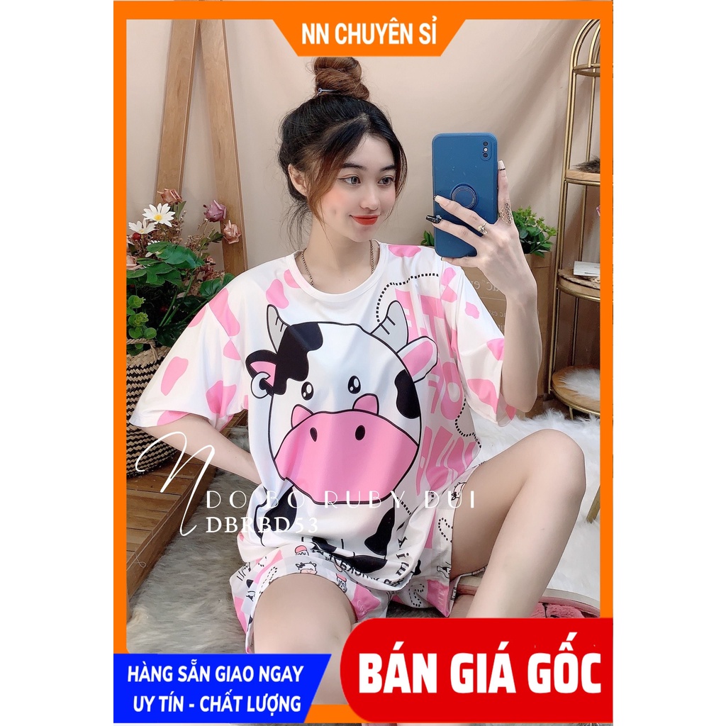 Đồ bộ thun đùi cho bé gái 7 ký đến 70 ký vải thun mềm mịn mát in hình bò sữa dễ thương đồ ngủ gia đình DBRBD FULL SIZE