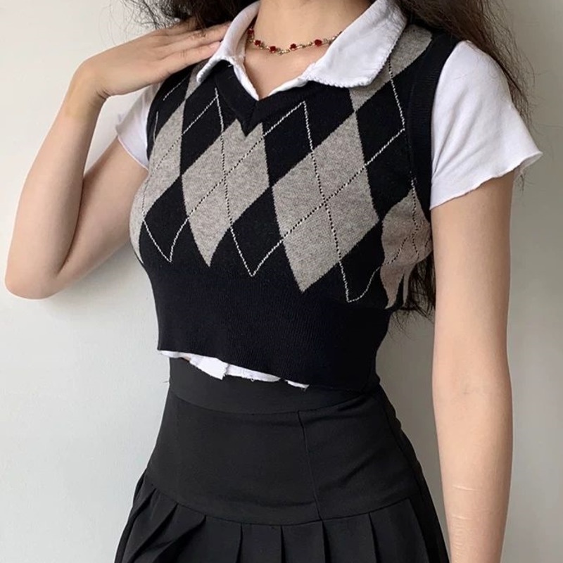 Áo Croptop Sát Nách Họa Tiết Sọc Caro Phong Cách Retro Hàn Quốc