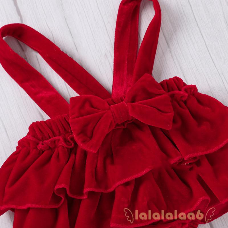 Áo liền quần tay bèo và chân váy yếm vải nhung có băng đô xinh xắn cho bé