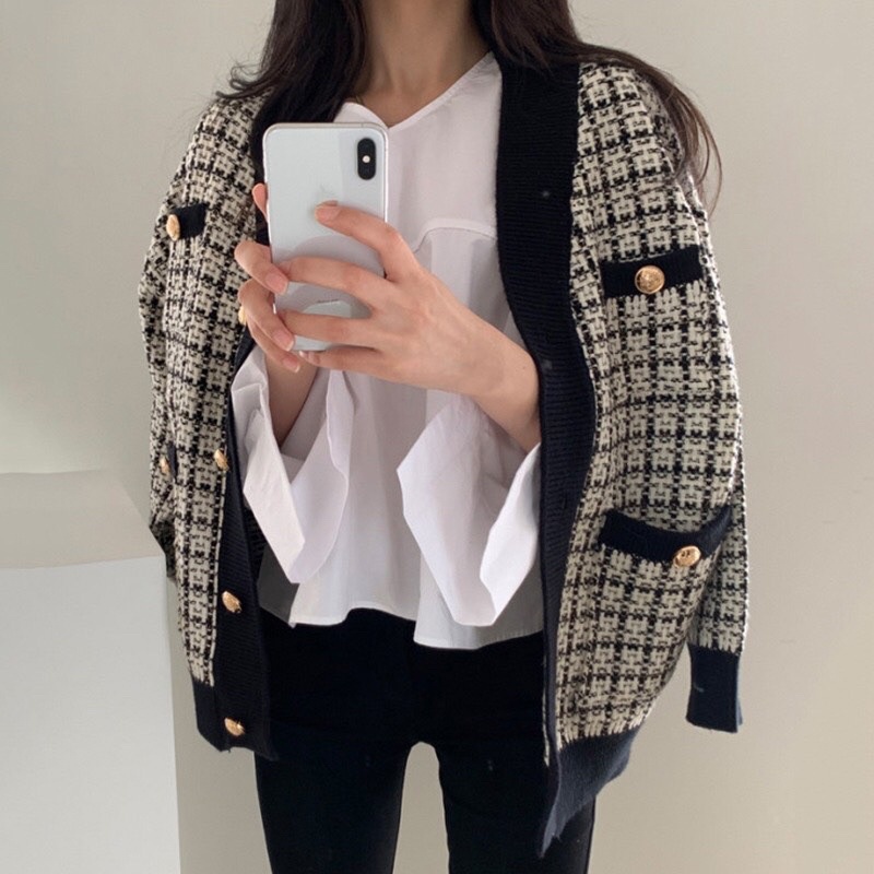 Áo Khoác Cardigan Hoạ Tiết Kẻ Ô - Áo Khoác Len Dày Dặn