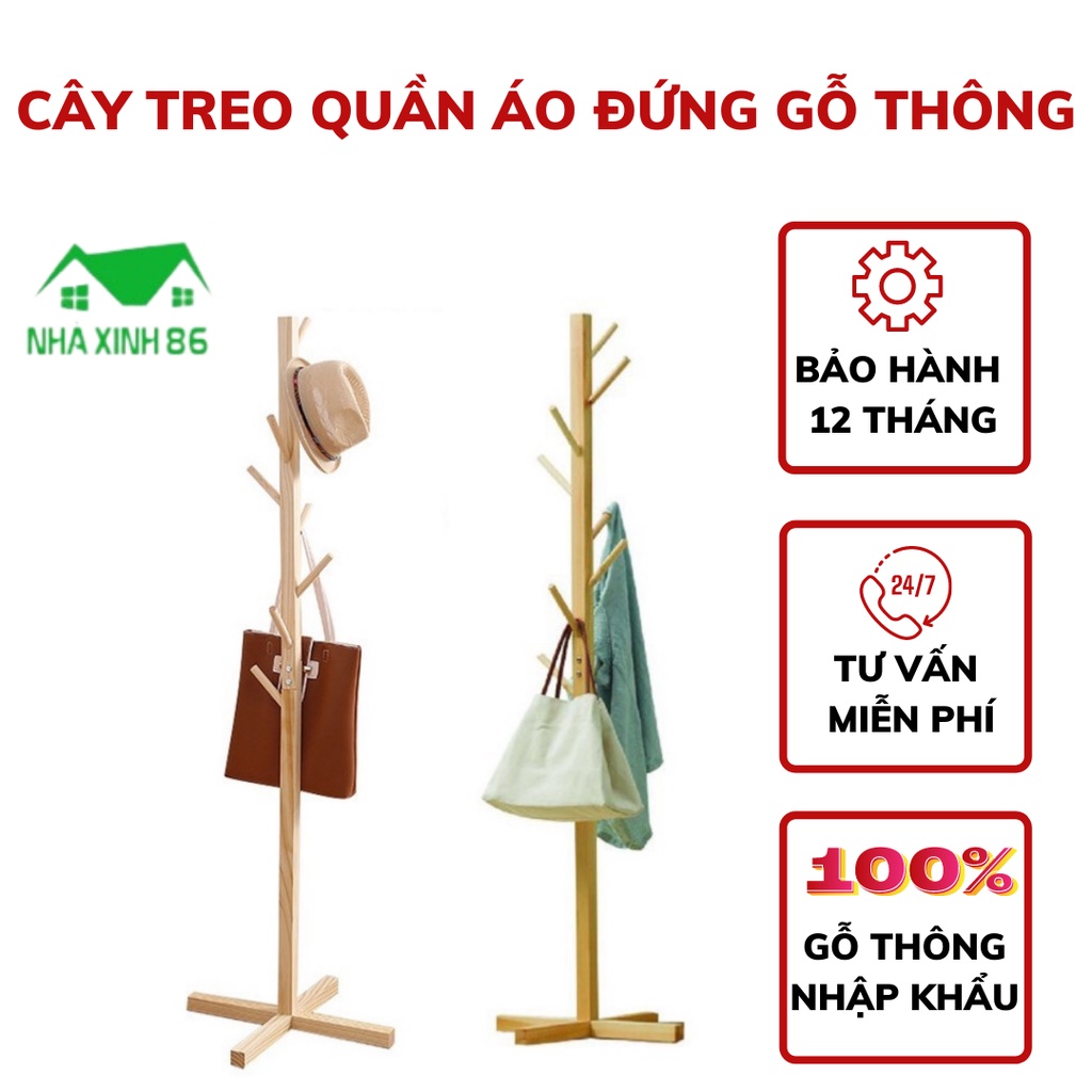 Cây treo quần áo gỗ thông cao cấp phong cách Hàn Quốc đã xử lý mối mọt cao 120cm, cây treo đồ gỗ decor