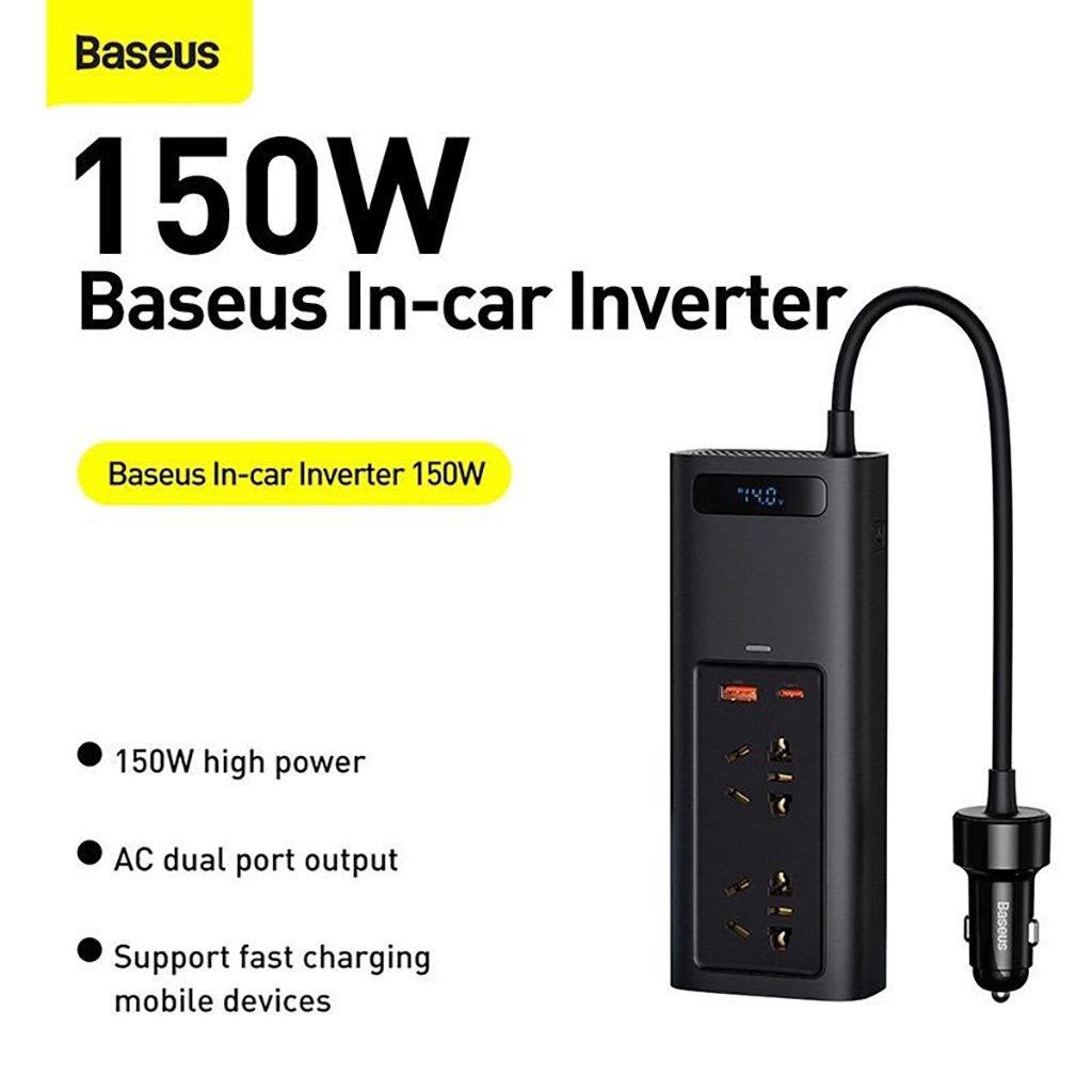 Tẩu Sạc Chuyển Đổi Điện 1 Chiều Ô Tô 12V Sang Xoay Chiều 220V Baseus In Car Inverter 150W Đa Năng hỗ trợ sạc PD Type-C